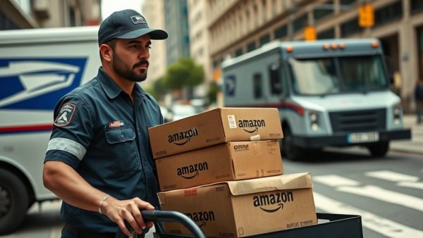 Amazon packages being moved near USPS truck, delivery scene.