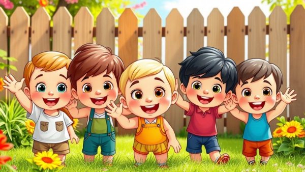 Cartoon toddlers smiling and playing in a sunny garden scene.