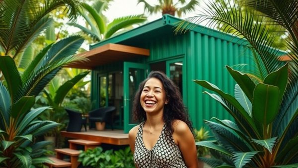 Cheerful woman in front of a green container home in a tropical setting.