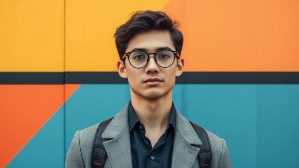 Stylish young man in a retro-themed geometric background