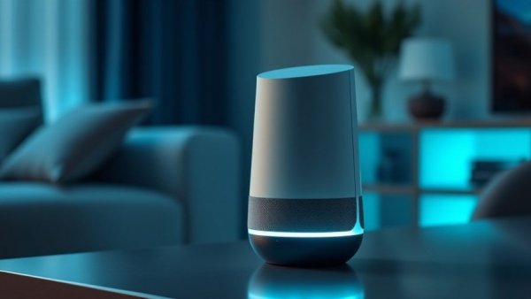 Sleek smart speaker in modern interior, hidden smart home devices.