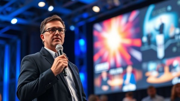 HR technology conference speaker on stage with a large screen.