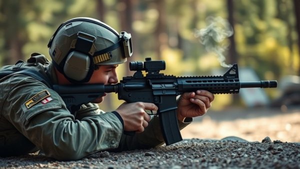 Army personnel aiming XM8 carbine outdoors, precision shooting.