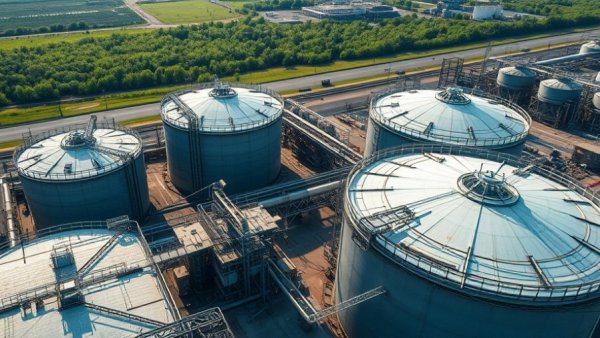 Aerial view of oil storage tanks symbolizing the oil shock crisis.