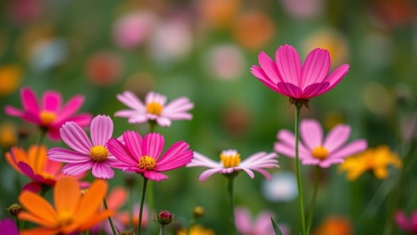 Vibrant cosmos flowers in Omaha garden meadow.