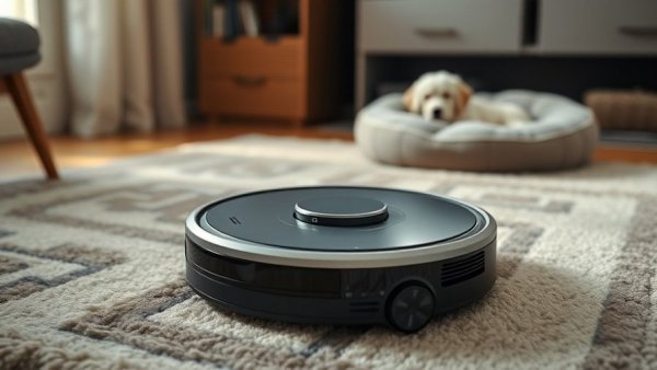 Robot vacuum on rug during Amazon Spring Sale robot vacuums event.