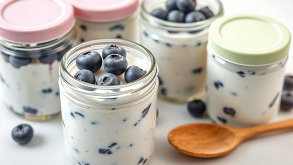Three jars of healthy blueberry yogurt on a countertop.