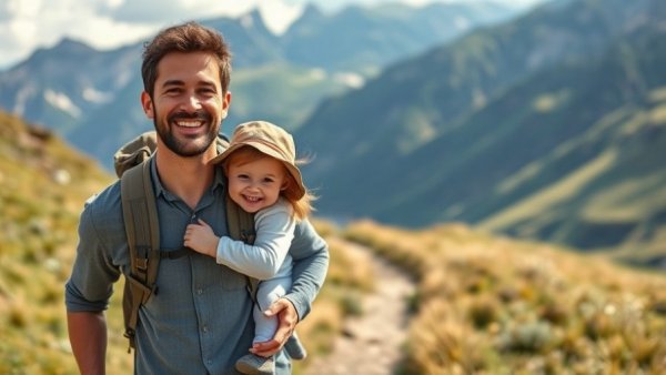 Man hiking with child in mountains, bright day, serene landscape.