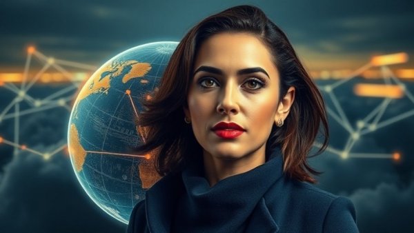 Aligning Security Goals with Business Outcomes, confident woman with digital network globe backdrop