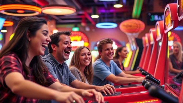 Dave & Buster's Grand Reopening San Antonio arcade scene, young adults playing.