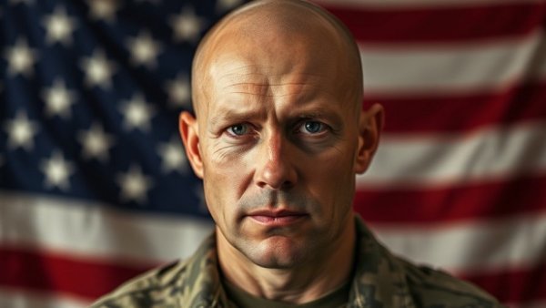 Omaha soldier in uniform with American flag background, memorial.
