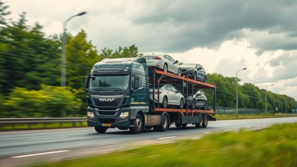 Heavy-duty car carrier transporting vehicles under overcast sky.
