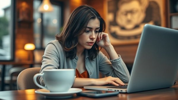 Woman contemplating counterintelligence, looking at laptop in cafe.