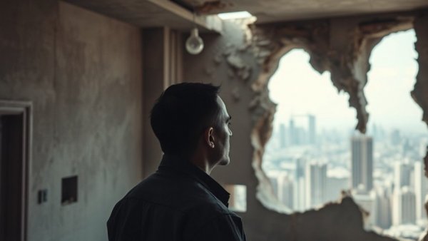 Iranian general intel prevents war scene with cityscape view through damaged building.