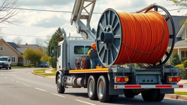 Construction truck laying broadband cable on sunny street.