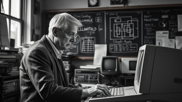 Distinguished older man analyzing vintage computer, future of work automation focus.