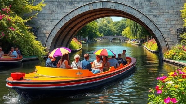 Riverboat on San Antonio River Walk under stone bridge, kid-friendly events.