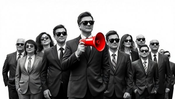 Surreal collage depicting sonic branding strategies with a central figure in red.