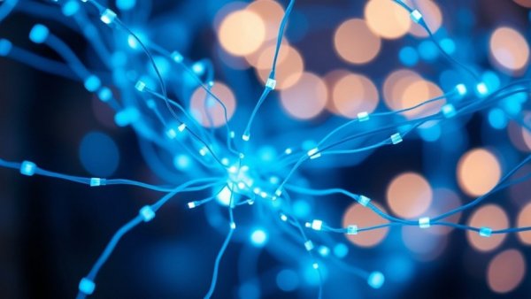 Abstract view of fiber optic cables in Oneonta glowing blue.