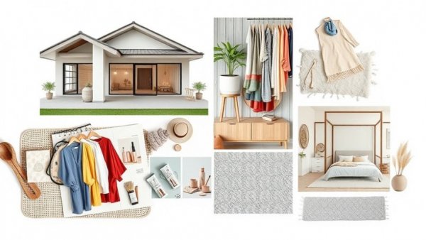 Collage of modern house, fashion, decor items.