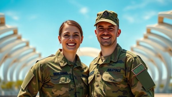 Veteran military spouse transition, smiling couple in uniform outdoors.