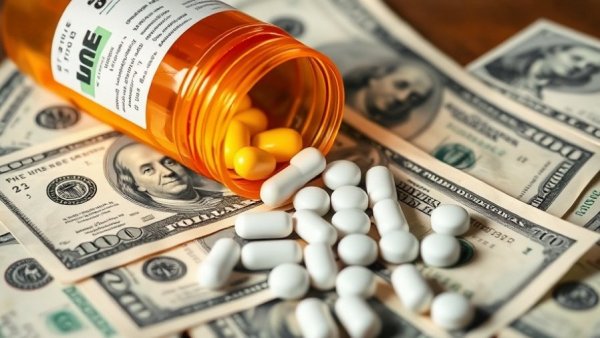 Prescription drug worry: Pills and money illustrating financial burden.