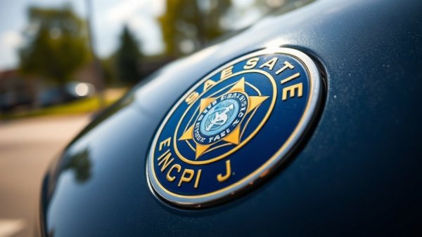 Indiana State Police car badge, close-up view, reflective surface.