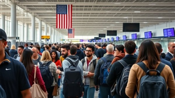 Travelers endure long TSA wait times at a busy airport terminal.