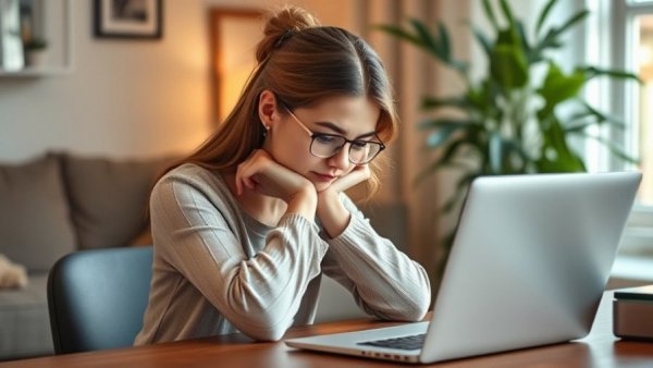 Woman reflecting at home desk, mental health focus.