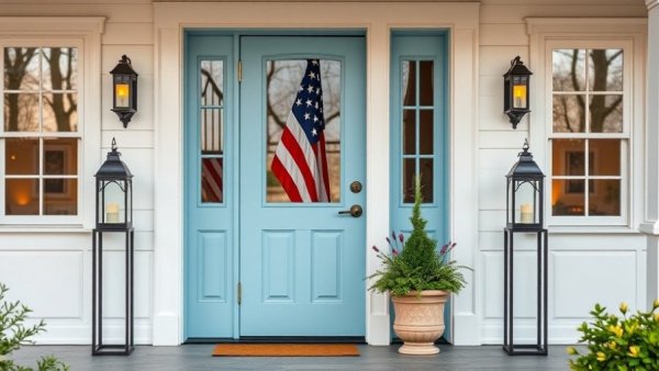 Charming light blue door entrance with potted plant and flag reflection.