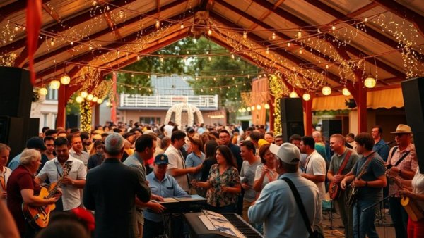 Lively San Antonio festival with band performing and vibrant crowd.