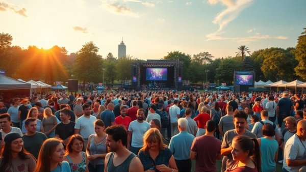 Crowd at summer concert at Memorial Park enjoying a live music show.