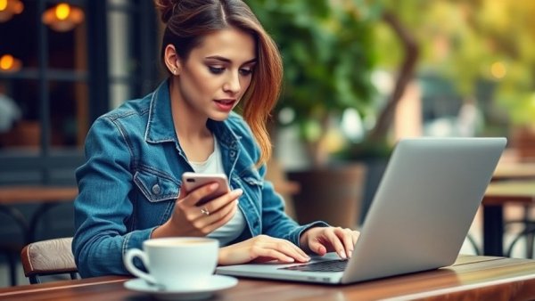 Woman using laptop and phone in café for best unlimited hotspot plans.