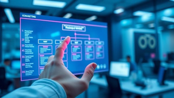 Human and robotic hands interact with digital HR chart.