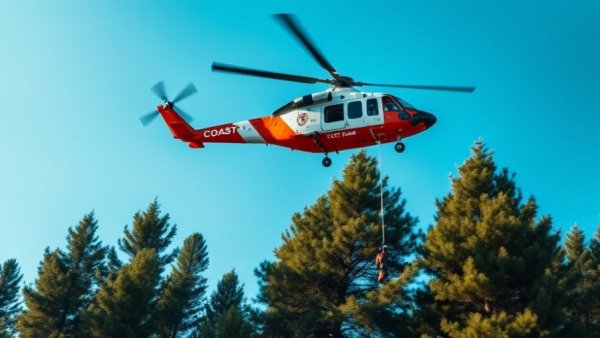 Coast Guard helicopter rescue amid tall pines.