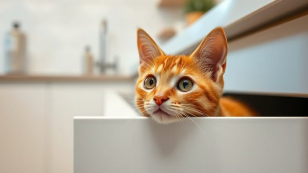 Curious cat peeking from a white drawer, embodying playful workplace culture.