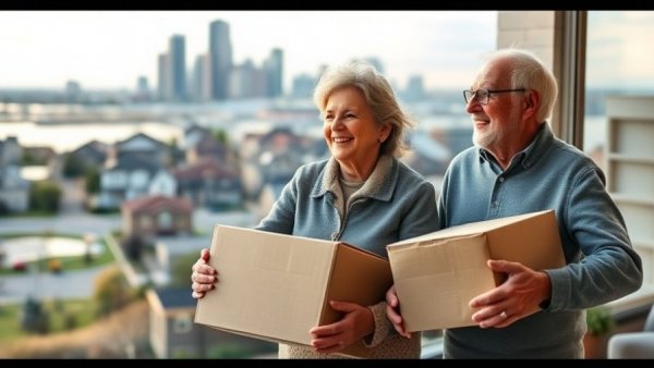 Couple downsizing homes in Omaha, friendly embrace, cityscape and lake view