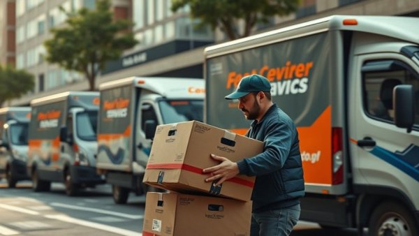 Delivery worker stacking boxes near branded trucks, showcasing hiring trends.