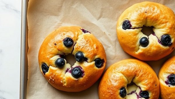 Freshly baked blueberry bagels on a tray, healthy family meals.