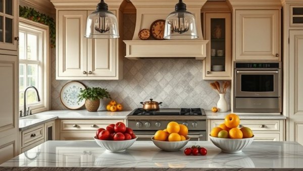 Elegant cottagecore home kitchen design with fruit decor.