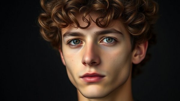 Portrait of a young man with curly hair, in a dark background.