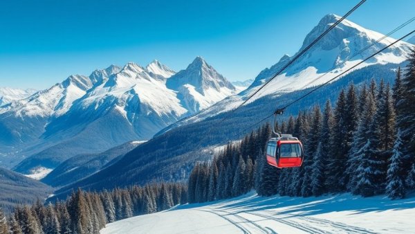Cable car over snowy mountains at luxury ski resort, luxury ski vacations.