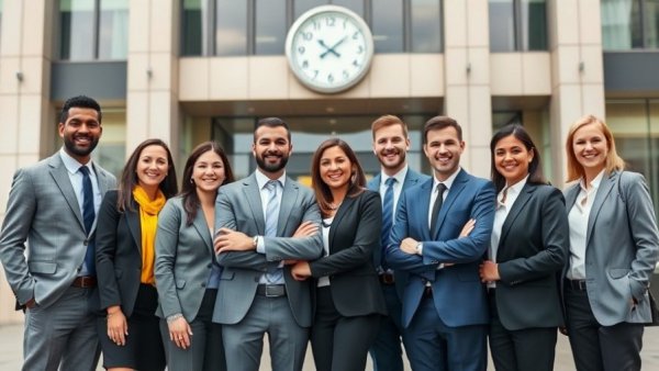 Diverse team in front of a building highlighting employee benefits strategy.