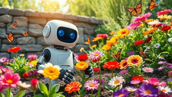 AI in education: Cartoon robot planting number-shaped flowers, vibrant garden.