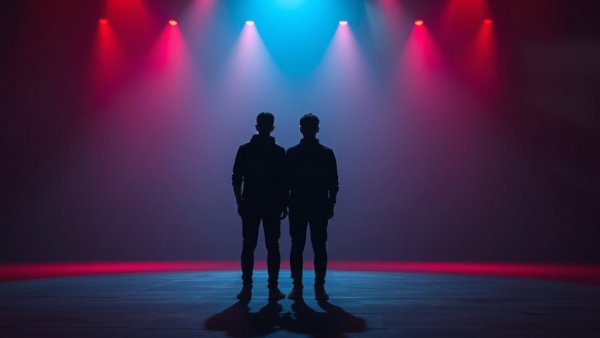 Silhouetted figures on stage contemplating under spotlight, HR technology concept