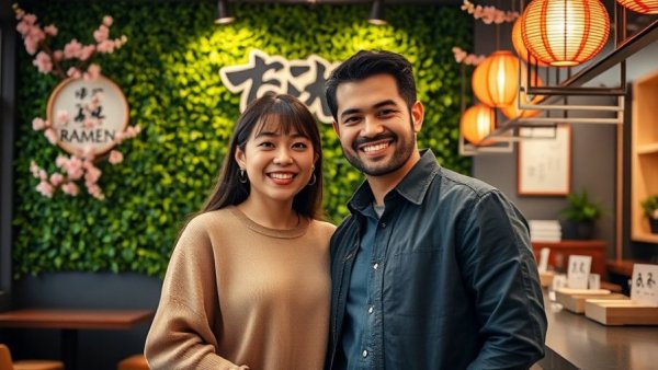 Friendly couple in Omaha ramen shop with vibrant decor