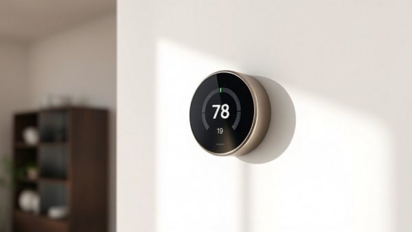 Smart home thermostat displaying temperature in modern interior.
