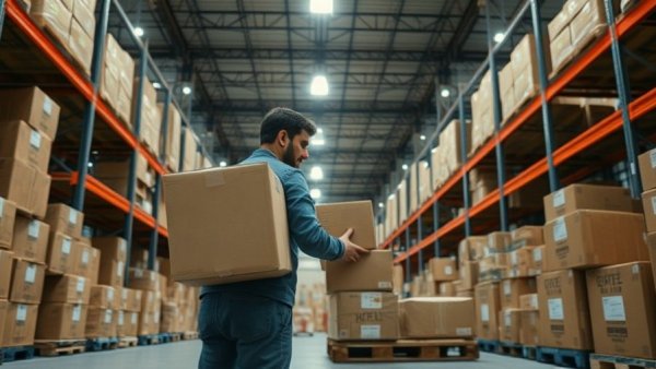 Worker executing workforce strategy in large warehouse with parcels.