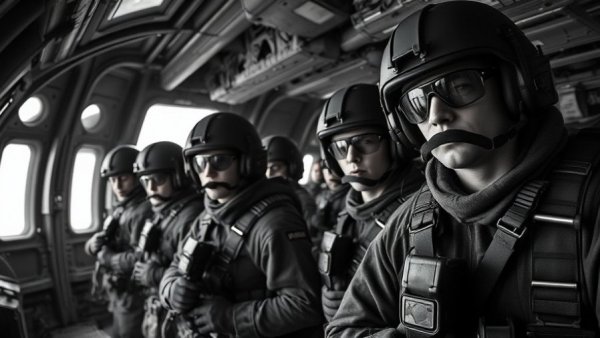 Combat jumps of 187th Airborne Regimental Combat Team paratroopers ready in aircraft.