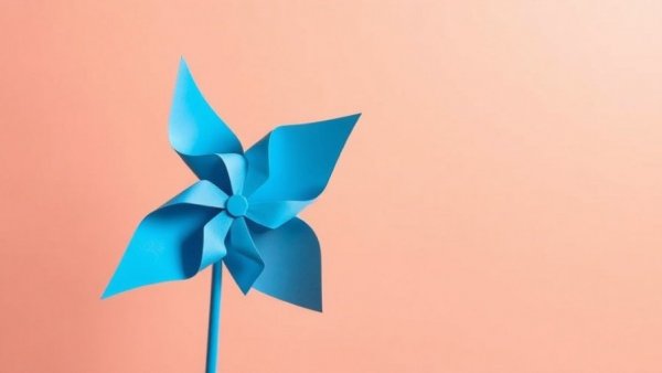 Vibrant blue pinwheel against peach background expressing creativity and joy.